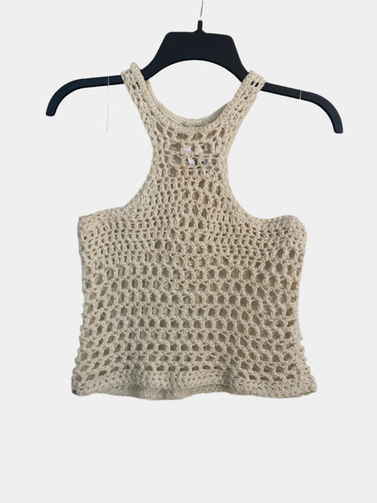 Beige crochet tank top on a black hanger against a light gray background